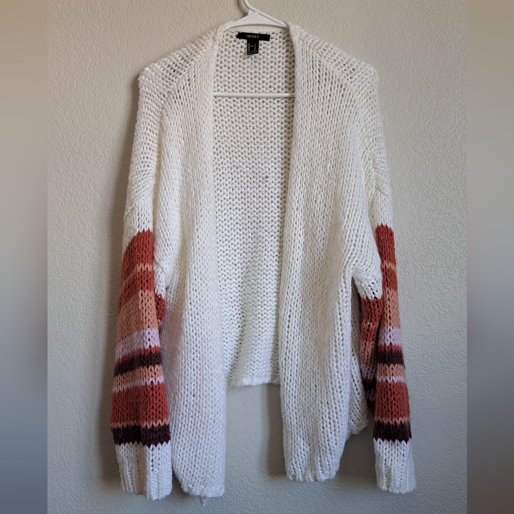 Forever 21 White Striped Sleeve Knit Caridgan Size Small